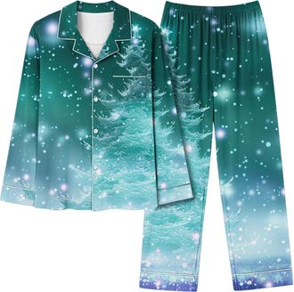 Generic Womens Pyjama Sets Loungewear Button Down Pajamas Ladies Santa Claus Print Pjs set Long Sleeve Blouse Trousers Suit Funny Cartoon Print Nightwear Paja