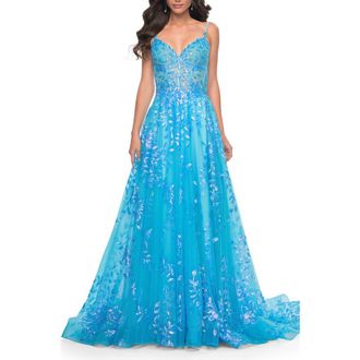 La Femme Sequin Lace Print Tulle A-Line Prom Dress with Illusion Bodice in Blue at Nordstrom, Size 00