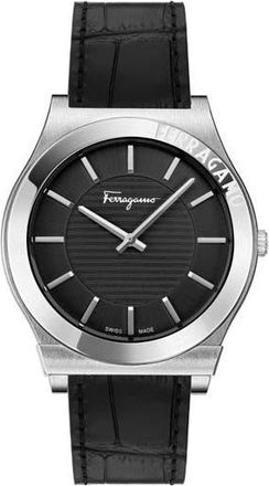 Ferragamo Gancini Swiss Quartz Leather Strap Watch, 42mm in Stainless Steel at Nordstrom Rack