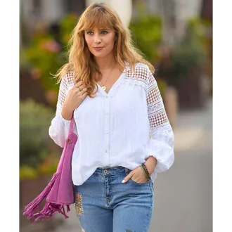 Joe Browns Crochet Trim Button Front Tunic Blouse in White at Nordstrom, Size 18
