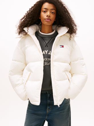 Tommy Jeans Steppjacke TOMMY JEANS TJW OVS HOODED FLAG PUFFER EXT, Damen, Gr. 4XL (48), ancient wei&szlig;, Steppware, Obermaterial: 100% Nylon, unifarben, regular fit,