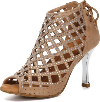 Minitoo Womens Ballroom and Latin Dance Shoes Sexy Formal Party Evening Ankle Sandal Booties L643 Brown 9cm Heel UK 4.5