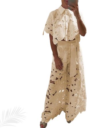 Generic Womens Sexy 2 PCS Button Lace Flowers Shirts Tops Bodycon Wide Leg Pants, Lace Outfits for Women 2 Piece Sets (Yellow,M)