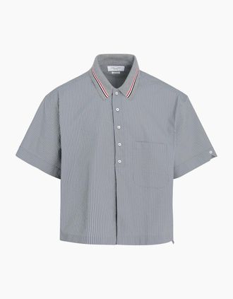 Thom Browne Mens Knit Collar Rugby Seersucker Shirt Grey - Size: 40/Regular