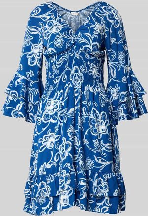 Apricot Minikleid aus reiner Viskose mit Smok-Detail in Blau, Gr&ouml;&szlig;e XXL