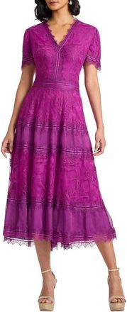 Tadashi Shoji Lace & Mesh Midi Cocktail Dress in Magenta at Nordstrom, Size 8
