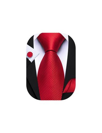 Barry.Wang Red Tie Mens 63 Extra Long Plaid Silk Necktie Pocket Square Cuff Links Wedding Formal Party