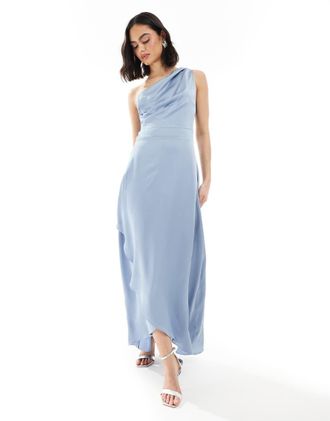 Tfnc Vestito lungo da damigella monospalla in raso blu polvere con gonna avvolgente