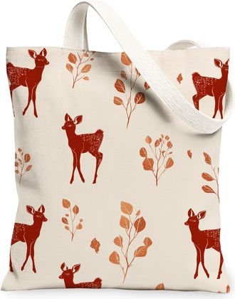 Generic Vintage Floral Canvas Tote Bags, Deer and Leaves Pattern Reusable Grocery Bags, Lightweight Washable Shoulder Strap Canvas, Beige, 13x15 Inch