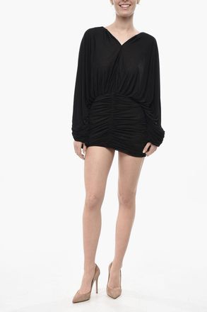 Saint Laurent Minidress Drappeggiato in Viscosa con Maniche a Pipistrello Saint Laurent
