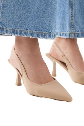 Misspap Faux Suede High Stiletto Heel Sling Back Court Shoes, 7, Natural