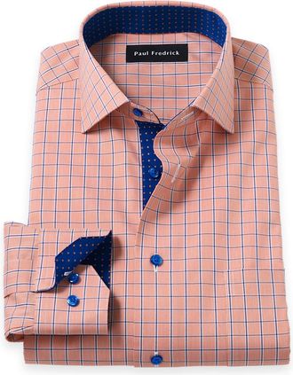 Paul Fredrick Comfort Stretch Non-iron Check Dress Shirt With Contrast Trim