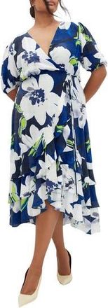 City Chic Bea Floral Midi Wrap Dress in Limelight Floral at Nordstrom Rack, Size 16W
