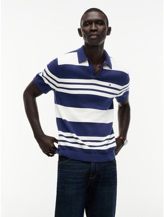 Tommy Hilfiger Mens Short-Sleeve Striped Sweater Polo - Preppy Navy - L