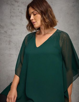 Live Unlimited London Womens Green Embellished V Neck Overlay Top - Size: 20