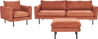 Beliani Conjunto De Sala De Estar 3 Plazas Estilo Retro Moderno Sof&aacute; Sill&oacute;n Otomana Patas Negras De Metal Tela Chenilla Marr&oacute;n Dorado Vinterbro
