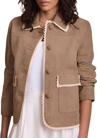 Mint Velvet Suede Crochet Trim Jacket in Neutral at Nordstrom, Size X-Large