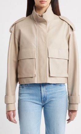 Fleurette Maeve Crop Leather Moto Jacket in Fawn at Nordstrom, Size X-Small