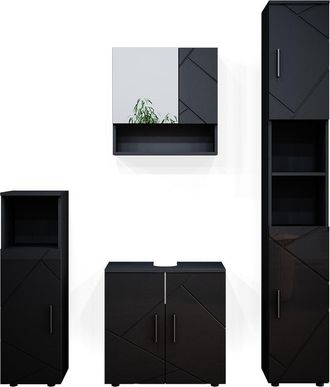 Vicco Conjunto De Muebles De Ba&ntilde;o Irma, Antracita Alto Brillo, 4 Partes, Con Armario Alto