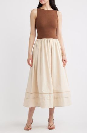 Blu Pepper Mixed Media Lace Inset Midi Dress in Brown at Nordstrom, Size Medium