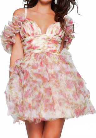Jovani Empire Waist Floral Fit And Flare Dress In Champagne