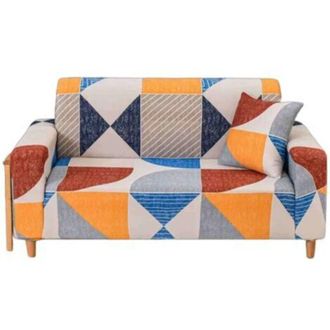 OEM Funda De Sof&aacute; El&aacute;stica Doble Con Reposabrazos: Estampado Geom&eacute;trico Moderno, Combinaci&oacute;n De Colores Amarillo Y Azul, Protege Eficazmente El Sof&aacute;, Es F