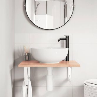 Berkfield Home Elegant Basin Shelf Wall Mounted Steel & Solid Wood Oak in Brown