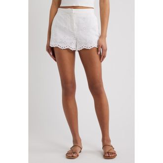 LoveShackFancy Jodine Eyelet Embroidered Linen Shorts in Optic White at Nordstrom, Size 00