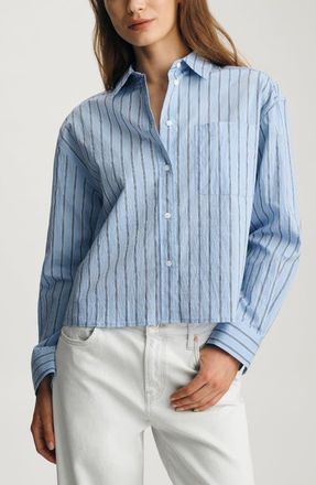 Mavi Stripe Long Sleeve Crop Cotton Blend Button-Up Shirt in Blue Striped at Nordstrom, Size X-Large