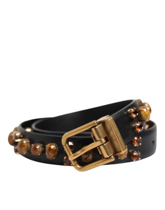 Dolce & Gabbana Black Leather Studded Gold Tone Buckle Mens Belt