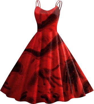 Generic Halloween Dress for Women Sleeveless Gothic Dress Women Rockabilly Retro 1950s Spaghetti Strap Swing A-Line Dresses Cocktail Party Evening Prom Gown H