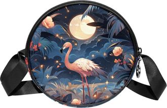 Generic Circle Crossbody Bag for Women, Tropical Jungle Flamingo Small Sling Bag Daypack with Zipper Adjustable Shoulder Straps Casual Ladies Girls Round Purs