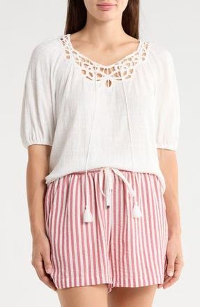 Max Studio Split Neck Puff Sleeve Top in White at Nordstrom Rack, Size X-Small