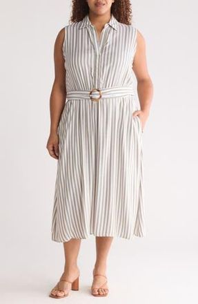 T Tahari Stripe Belted Maxi Shirtdress in Olive/White Stripe at Nordstrom Rack, Size 2X
