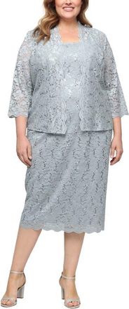 S.L. Fashions SLNY Floral Lace Sequin Cardigan & Dress Set in Sage at Nordstrom, Size 14W