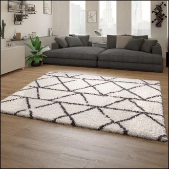 Paco Home Paco Home - Alfombra Sal&oacute;n Pelo Largo Shaggy Motivo Moderno Escandinavo Rombos Gris Crema 120x160 Cm