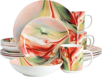 Elama Autumn Storm 16 Piece Abstract Design Round Porcelain Dinnerware Set in White at Nordstrom