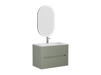 Vente-Unique Mueble de ba&ntilde;o suspendido con lavabo encastrado, grifo y espejo - Estriado verde - 80 cm - PAVANI