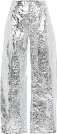 DAVID KOMA metallic leather wide-lg trousers - women - Polyester/Nappa Leather/Viscose - 10 - Silver