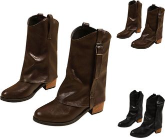 Generic Fold Over Boots for Womens Slouchy Mid Calf Boots Chunky Heel Pull-On Shoes Ladies Round Toe Non-slip Rubber Biker Shoes Winter Comfy Shoes with Cushi