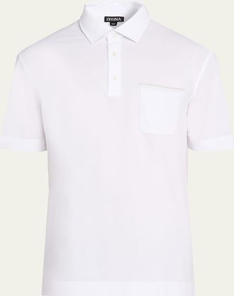 Ermenegildo Zegna Mens Cotton Polo Shirt with Leather-Trim Pocket