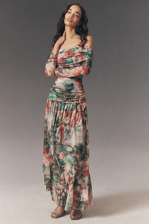 BHLDN Ivy Off-Shoulder Drop-Waist Stretch Mesh Maxi Dress