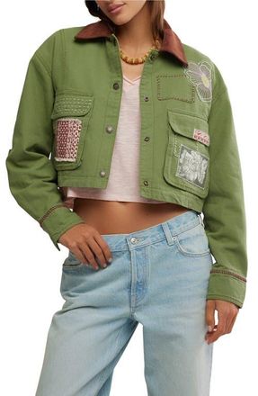 Free People Martha Workwear Appliqu&egrave; Crop Jacket in Callisto Green at Nordstrom, Size X-Large