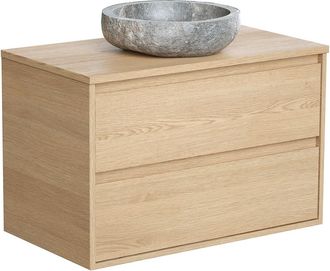 Vente-Unique Mueble de ba&ntilde;o con lavabo de piedra - Chapado en roble - 80 cm - MILIPAM