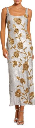 Mac Duggal Embellished Floral Sequin Mesh Midi Dress in Platinum Gold at Nordstrom, Size 12