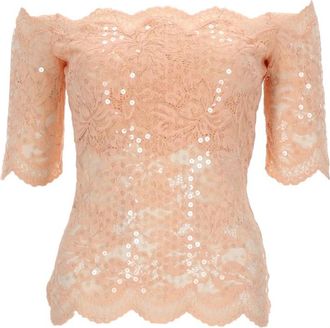 Paco Rabanne Off-Shoulder Versierde Kant Top - Dames - Blouses - Roze - L - Pailletten - Overhemden