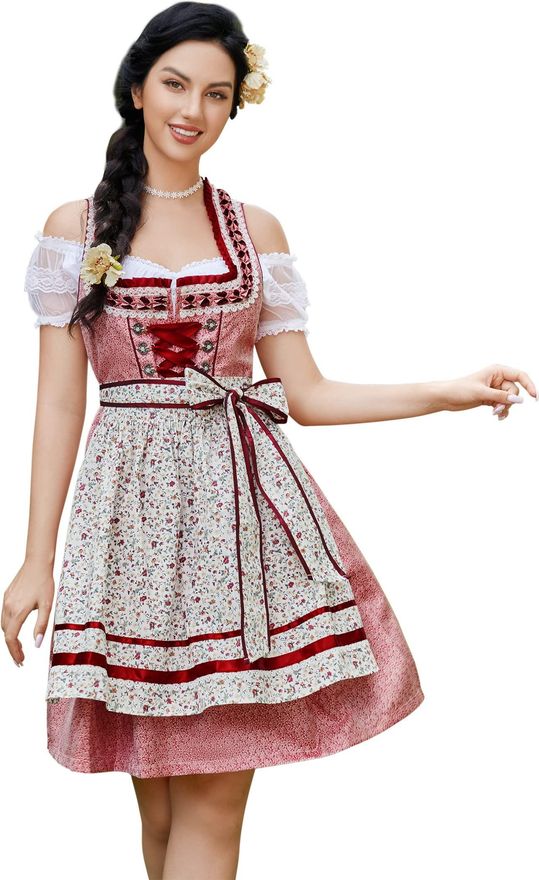 Dirndl with apron, black red traditional dress with floral pattern, shops XS Dirndl