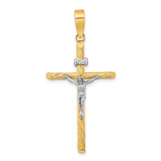 Diamond2Deal 14k Yellow Gold White Rhod Polished Textured INRI Crucifix Cross Pendant