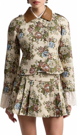 Avec Les Filles Shrunken Floral Tapestry Blazer with Faux Leather Collar in Taupe Floral Multi at Nordstrom, Size X-Small