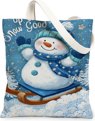 Generic Winter Snow Man Canvas Tote Bags, Cold Design Reusable Grocery Bags, Holiday Vintage Lightweight Washable Shoulder Strap Ca, Blue, 13x15 Inch